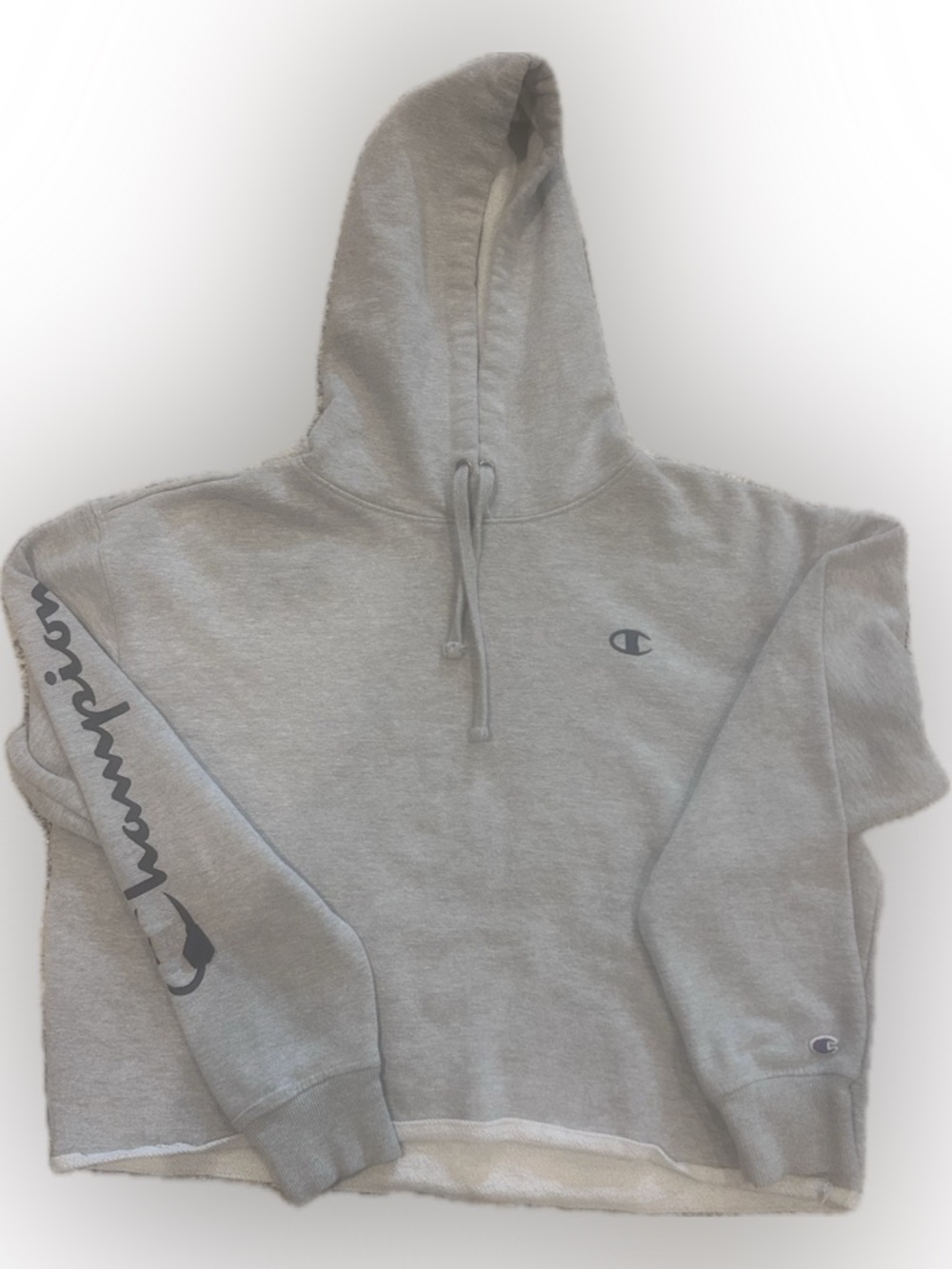 NWOT Champion Light Gray Hooded Crewneck Crop Sweatshirt with Sleeve Script